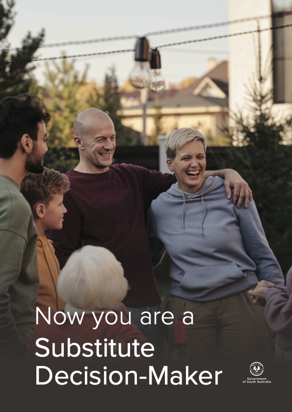 Now you are a Substitute Decision-Maker Cover. People stand laughing and smiling in a back garden. 